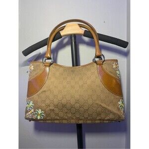 Gucci Beige Brown GG Canvas with aftermarket Floral Appliqué Shoulder Bag